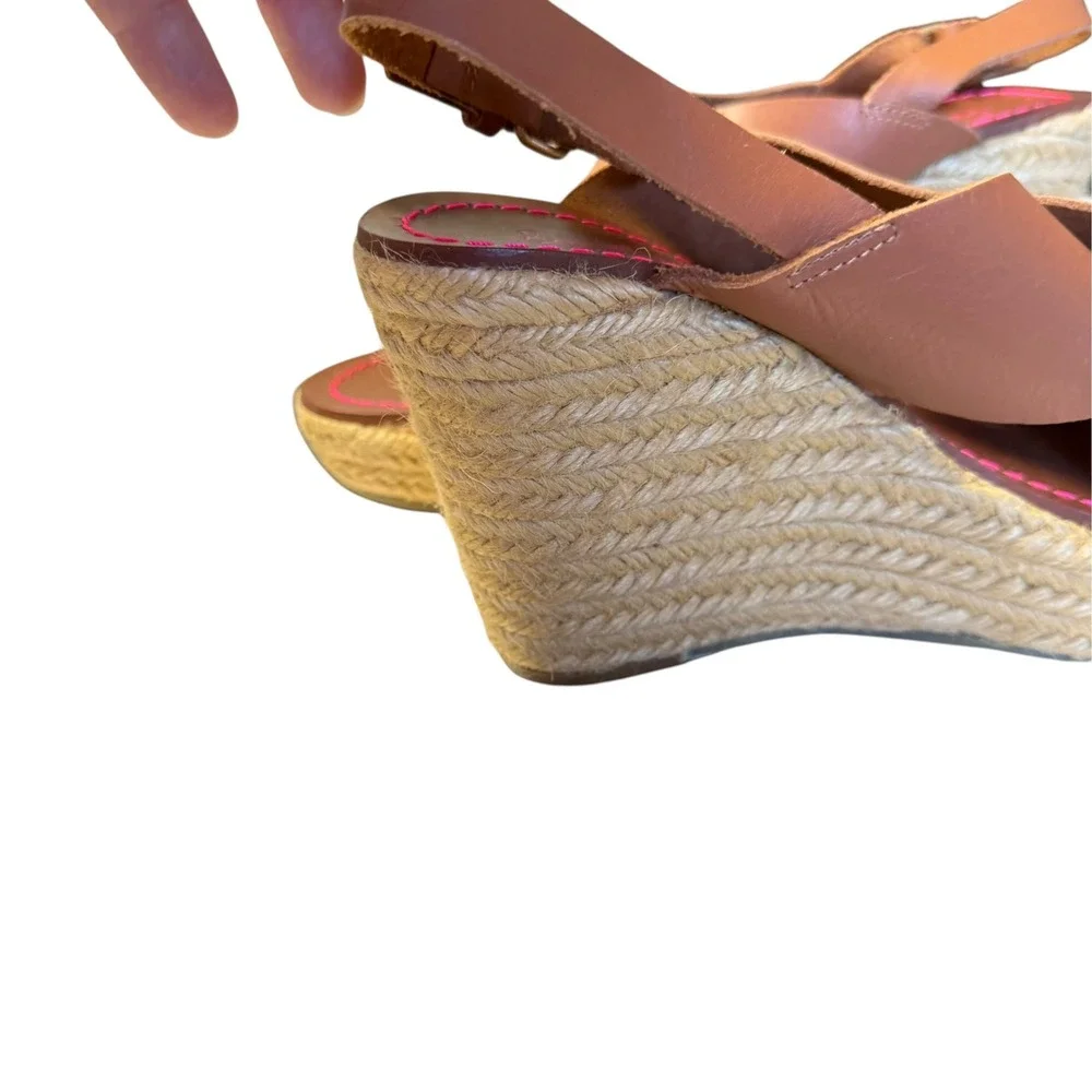 Boden Tan Leather Espadrille Wedge Sandals Slingback Brown Pink Stitch 40 9.5